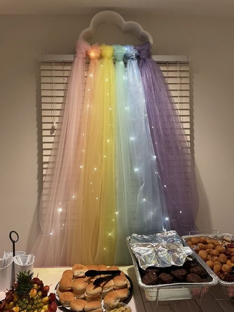 Rainbow Bed Canopy, Rainbow Curtain Lights, Pastel Rainbow Curtains, Kawaii Curtains Bedroom, Ranbow Bedroom Lights, Rainbow Curtains, Kids Room, Hello Kitty, Ribbon