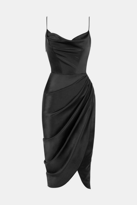 Ruched Tulip Hem Camisole Satin Dress-TOPS / DRESSES (TRENDSI)-[Adult]-[Female]-Black-S-Blue Zone Planet Satin Cami Dress, Short Homecoming Dress, Gowns Of Elegance, Looks Vintage, Types Of Skirts, Asymmetrical Dress, Corset Dress, Satin Dresses, Look Fashion