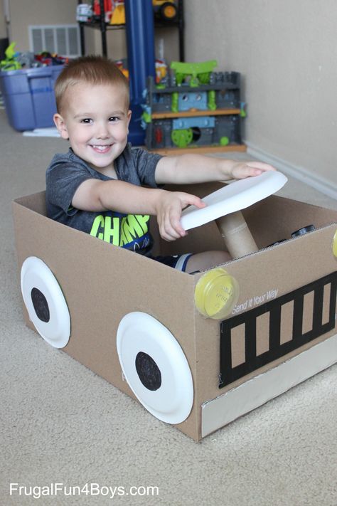 Cardboard Box Car - With a steering wheel that turns! Cardboard Box Car, Carton Diy, Transportation Activities, Cardboard Car, Cardboard Box Crafts, Cardboard Toys, Diy Cardboard, Cardboard Crafts, Box Car