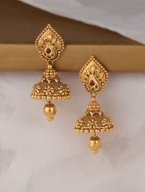 Jhumka Designs Gold, Daily Wear Gold Earrings, One Gram Gold Earrings, Gold Chandbali Earrings, Chandbali Earrings Gold, Gold Chandbali, Gold Jhumka, Jhumka Designs, Gold Earrings Indian