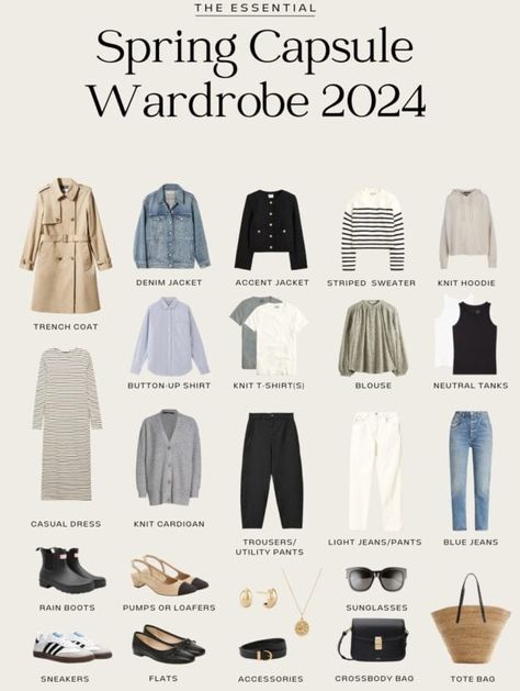 Looking for the perfect spring capsule wardrobe 2023? This timeless, classy, neutral spring capsule has spring outfits for women in their 20s, 30’s, 40s, and over 50! If you are a mom and want casual yet stylish outfits, or are looking to create chic spring outfits for work, you’ll find this capsule guide and checklist super helpful! With a polished French inspired appeal, this capsule is perfect for the spring season! Moms In 30s Outfits, Outfits For Moms In Their 30s, Spring Outfits For Work, 30s Outfits, Chic Spring Outfits, Capsule Wardrobe 2023, Popular Spring Outfits, Women In Their 20s, Busbee Style