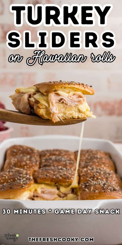 These baked turkey and cheese sliders on King's Hawaiian rolls are the perfect 30-minute meal! Ideal for game day, they're packed with flavor, melty cheese, and a sweet, buttery glaze that’ll have everyone asking for more. Get the recipe via @thefreshcooky Game Day Hawaiian Roll Sliders, Deli Turkey Sliders On Hawaiian Rolls, Oven Baked Sandwiches Hawaiian Rolls, Kings Rolls Sliders, Turkey And Cheese Hawaiian Rolls Sliders, Slider Recipes Hawaiian Rolls Turkey, Baked Turkey Sliders Hawaiian Rolls, Turkey Slider Recipes, Healthy Hawaiian Roll Sliders