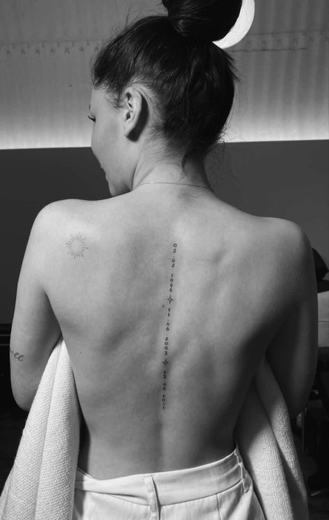 back tattoo, sun Fearless Spine Tattoo, Date Spine Tattoo, Coordinates Spine Tattoo, Back Tattoo Phrase, Boho Spine Tattoo, Top Of Spine Tattoos For Women, Spine Tattoos For Women Fine Line, Spine Tattoos Quotes, Spine Tats Quotes