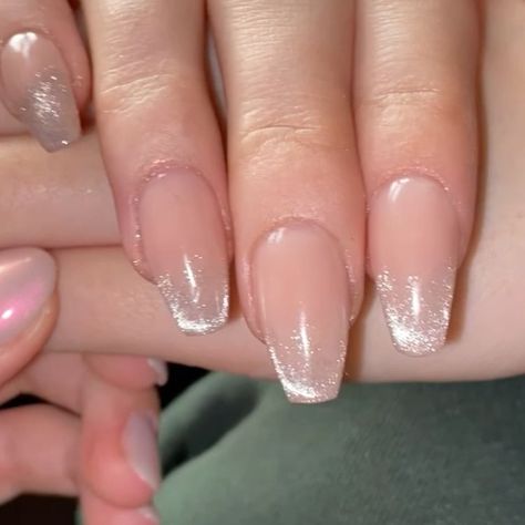 gel nails, acrylic nails, acrylic nail design, cateye nails, nail inspo French Tip Nail Extensions, Nail Art Designs Shimmer, Cat Eye Polish French Tip, Short Cateye Nail, Cat Eye On Natural Nails, Shimmer French Manicure, Magnet Nails French, Half Cat Eye Nails, Cat Eye With French Tip Nails