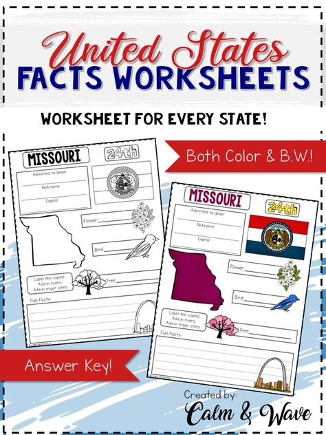 United States Facts Worksheets and Printables | Homeschool | Geography | Calm & Wave State Facts Printable, Us Geography Homeschool Free Printables, 50 States Worksheets, United States Worksheets, States Worksheets, Current Events Worksheet, Culture Studies, Facts About America, Geography Project