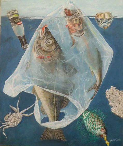 Plastic In Ocean Art, Fish Gcse Art, Plastic Pollution Art Drawing, Water Pollution Painting, Pollution Artwork, Ocean Pollution Art, Pollution Painting, Waste Art, World Oceans Day