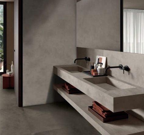 Minimal Powder Room, Corian Bathroom Countertops, Simple Bathroom Designs, Bathroom Cabinets Designs, Small Toilet Room, Restroom Design, Concrete Bathroom, Washbasin Design, Bathroom Inspiration Modern