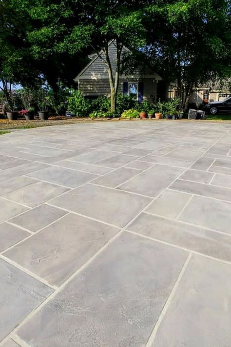 Large Stamped Concrete Patio, Tile In Backyard Patio, Outdoor Patio Stone Floor, Farmhouse Stamped Concrete, Paver Concrete Patio, Tile Outside Patio, Paving Stone Patio Diy, Stamped Concrete Vs Paver Patio, Concrete Hardscape Backyard