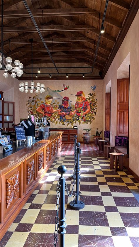 Hacienda Style Restaurant, Coffee Shop Mexican Design, Latino Coffee Shop, Mexican Coffee Shop Ideas, Hacienda Style Coffee Shop, Cuban Coffee Shop, Colombian Coffee Shop, Latin Coffee Shop, Mexican Cafe Interior