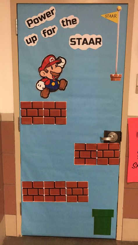 STAAR Theme Video Games  Mario Brothers Video Game Classroom Door, Game On Door Decorations, Super Mario Brothers Classroom Theme, Super Mario Bros Classroom Door, Mario Hallway Decorations, Super Mario School Theme, Gaming Door Decorations, Game Board Door Decoration, Mario Brothers Bulletin Board