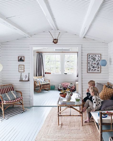 Danish Cabin Interior, Coastal Cabin Interior, Nordic Beach House, Nordic Cabin Interior, Scandinavian Cottage Interior, Danish Cabin, Scandinavian Beach House, Cabin By The Sea, Swedish Cabin