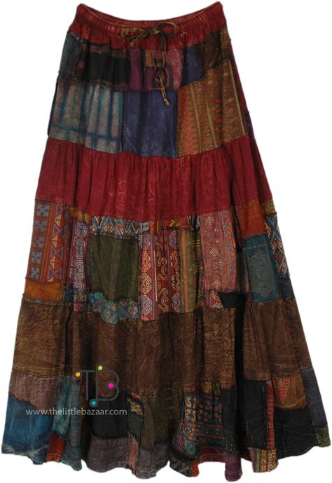 Vintage Bohemian and chic, this patchwork skirt in darker brown color tones truly stands out.  It has assorted patchwork pieced together, mostly consisting of dyed solids and ethnic graphics prints. #tlb #Patchwork #Printed #bohemianfashion #Indian #BohemianPatchworkSkirt Maxi Skirt Colorful, Hippie Patchwork Skirt, Unique Maxi Skirt, Mismatched Clothes, Practical Skirt, Patch Work Skirt, Funky Skirts, Indie Skirt, Hippy Skirt