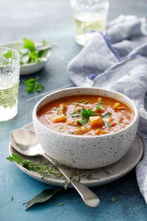 Taylor's Ultimate Turkey Stew recipe - perfectly satisfying on a cold winter's day! Soup Background, Stew Photography, Soup Asthetic Picture, Food Photography Blue Background, Soup Pictures, Soup Photography Styling, Soup Food Photography, Soup Photography, Persimmon Bread