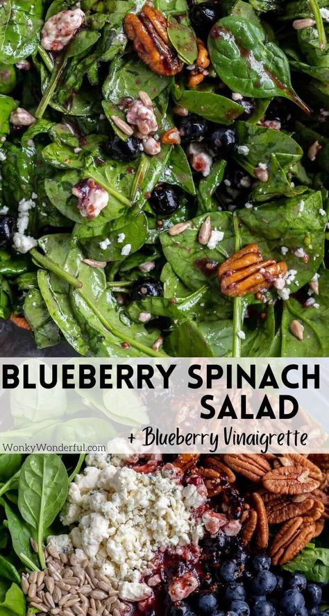 This Blueberry Spinach Salad Recipe with Blueberry Vinaigrette is fresh nutritious salad that makes a great side dish or meal. #saladrecipes #spinachsalad #spinachsaladrecipes #healthyrecipes #sidedishrecipes Cucumber Blueberry Spinach Salad, Blueberry Summer Salad, Quick Spinach Salad, Spinach And Romaine Salad Recipes, Fresh Side Salad, Spinach Lettuce Salad Recipes, Spinach Salad Meal Prep, Spinach Blueberry Salad Recipes, Spinach Salad With Blueberries