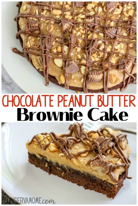 Brownie Cake With Peanut Butter Frosting, Brownie Peanut Butter Pie, Perfect Party Cake, Peanut Butter Brownie Cake, Peanut Butter Brownie Pie, Brownie Peanut Butter Dessert, Brownie Cake Ideas, Brownie Cake Birthday, Peanut Butter Torte