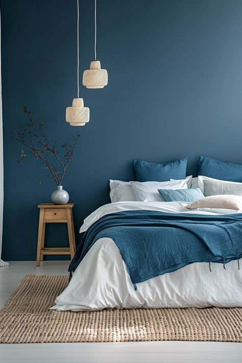 29 Minimal Blue Bedroom Ideas 10 Blue Coastal Bedroom, Blue Boho Bedroom, Uncluttered Bedroom, Blue Bedroom Ideas, Peaceful Bedroom, Minimal Bedroom, Boho Style Bedroom, Minimal Furniture, Pop Ceiling Design