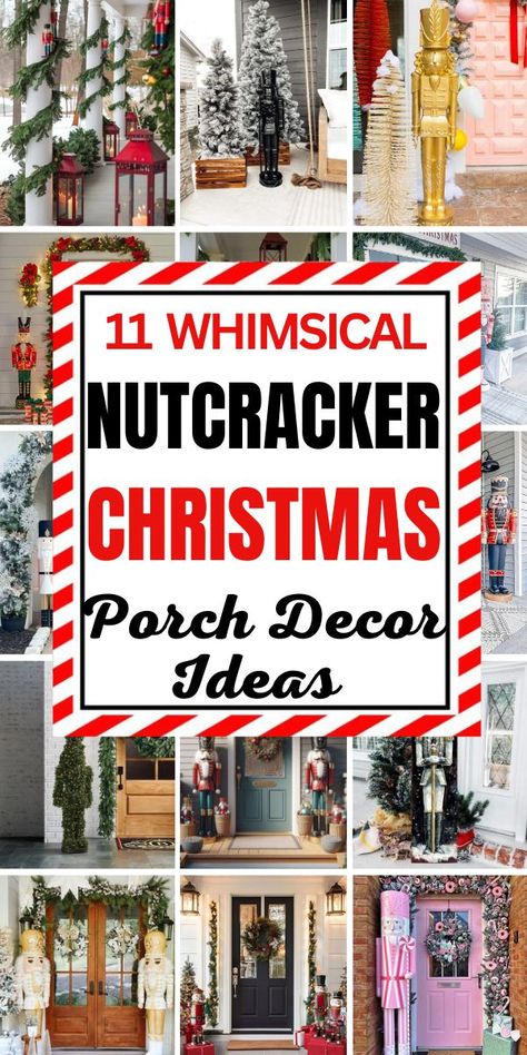 Bring holiday magic to your entryway with these Nutcracker-inspired porch decor ideas! From classic soldiers to DIY accents and festive wreaths, these designs create a warm and welcoming vibe. Perfect for spreading Christmas cheer to everyone who visits! 🌟🎁 #NutcrackerDecor #ChristmasPorchIdeas #HolidayEntrywayDecor Christmas Porch Nutcracker, Nutcracker Diy Ornaments, Nutcracker Outdoor Decor, Nutcracker Wreath Diy, Nut Cracker Ideas, Nutcracker Christmas Decorations Ideas, How To Display Nutcracker Collection, Nutcracker Door Decorations, Diy Nutcracker Soldier Outdoor