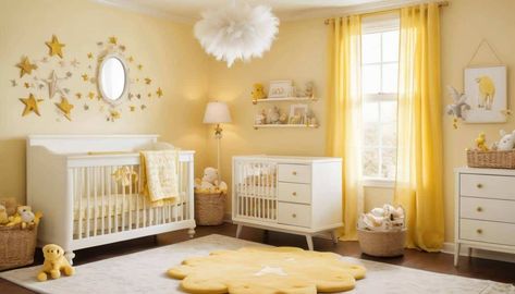 "Create a cheerful and nurturing space with our collection of yellow nursery designs. Discover how this bright, happy color can bring warmth and positivity to your baby's room, providing a vibrant backdrop for precious early moments." Yellow Crib Bedding, Pale Yellow Nursery, Yellow Nursery Ideas, Yellow Baby Room, Yellow Crib, Yellow Paint Colors, Nursery Designs, Purple Bedrooms