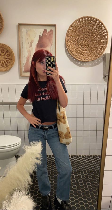 Edgy College Outfits, Red Hair Outfits Summer, Downtown Outfits Aesthetic Summer, Basic Alt Outfits, Redhair Outfit, Black Loafers Outfit, Red Hair Outfits, Red Hair Inspo, Downtown Outfits