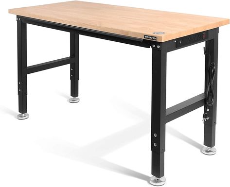 This is great for setting up any machines for your business!! Adjustable Height Work Table, Stainless Steel Work Table, Workshop Garage, Butcher Block Top, Metal Shelving Units, Garage Work Bench, Metal Shelves, Work Table, Power Outlet