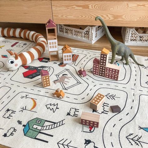 Road Rug For Kids, Toddler Boy Rug, Playroom Montessori, Family Room Playroom, Car Rug, Road Rug, Neutral Flooring, Colorful Playroom, Montessori Playroom