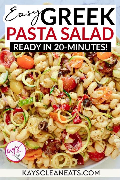 Introducing the Easy Greek Pasta Salad – an ideal accompaniment and a guaranteed potluck favorite that will delight everyone! Experience a harmonious medley of refreshing crunchy vegetables and creamy feta cheese, all tossed in a tantalizing Greek dressing, resulting in the ultimate pasta salad perfection. | @kayscleaneats Easy Greek Pasta Salad, Crunchy Vegetables, Greek Pasta Salad, Potluck Side Dishes, Greek Dressing, Creamy Feta, Greek Salad Pasta, Greek Pasta, Drink Inspiration