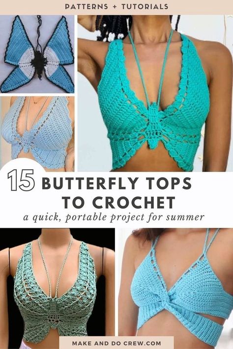 Crochet Top For Plus Size, Crochet Halter Top Pattern, Halter Top Pattern, Crochet Clothes For Women, Crochet Butterfly Pattern, Crochet Bralette, Crochet Clothes Patterns, Crochet Clothing And Accessories, Crochet Butterfly