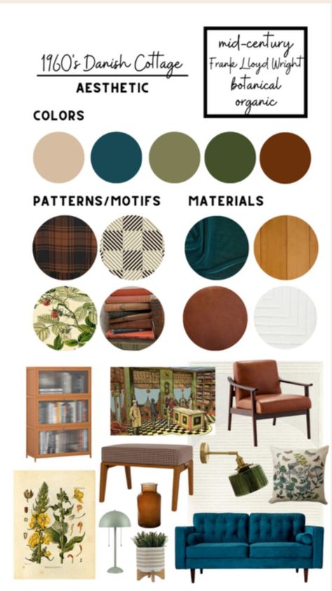 Mid Century Colonial Decor, Mid Century Modern Living Room Color Palette, Cozy Mid Century Modern Dining Room, Mid Century English Cottage, Colorful Moody Living Room, Cottage Core Mid Century Modern, Mid Century Modern Paint Colors Walls, Mid Century Modern House Decor, Mid Century Cottage Style