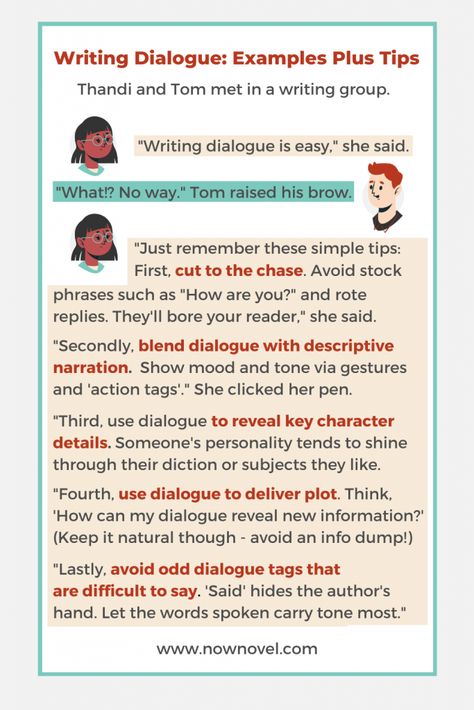 dialogue writing examples in an infographic Dialogue Examples, Writers Advice, Dialogue Writing, Literary Writing, Story Concepts, Character Motivation, Writing Groups, Literary Devices, Writing Motivation