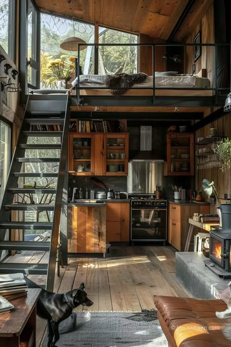 36 Tiny Houses With Fireplaces That Look Amazing (Pictures) House Asthetic Picture Outside, Tiny Home Fireplace, Single Floor Tiny House, Tiny House Cabin Small Cottages, Industrial Tiny House, Tiny House Fireplace, Tiny Houses Interior, Tiny Home With Loft, Country Tiny House