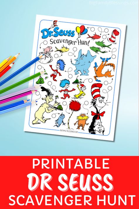 Dr Seuss Scavenger Hunt, Dr. Seuss Activities, Dr Seuss Activities For Kids, Raffle Drawing Ideas, Dr Seuss Craft, Dr Seuss Pictures, Dr Seuss Printables Free, Language Games For Kids, Dr Seuss Posters