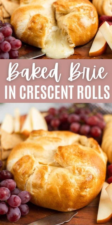 Crossiant Baked Brie, Brie Crescent Roll Baked, Brie In Crescent Roll, Brie Crescent Roll Appetizers, Baked Brie Crescent Roll, Brie Crescent Roll, Baked Brie In Crescent Rolls, Baked Brie Puff Pastry, Easy Baked Brie Recipe