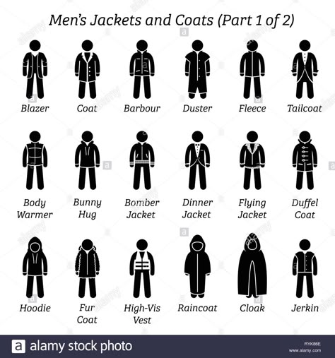 Download this stock vector: Men jackets and coats. Stick figures depict a set of different types of jackets and coats clothes. This fashion clothings design are wear by men or ma - RYK86E from Alamy's library of millions of high resolution stock photos, illustrations and vectors. Different Types Of Jackets, Jackets Hoodie, Pattern Leaf, Hoodie Hood, Fashion Dictionary, Types Of Coats, Straight Jacket, Fashion Vocabulary, Sports Coat