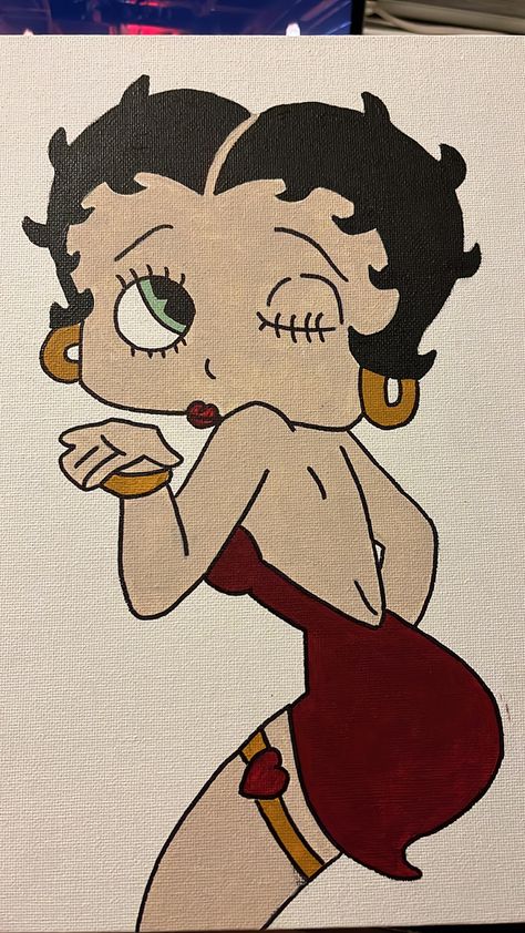 Betty Boop Painting Easy, Betty Boop Painting Canvases, Y2k Painting Ideas On Canvas Easy, Girly Canvas Painting Ideas, Barbie Paintings, Y2k Painting Ideas Easy, Betty Boop Painting, Bratz Paintings Canvas, Y2k Canvas Painting