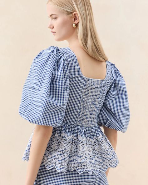 Shop the Jodie Blue Gingham Embroidered Top at Loefflerrandall.com Gingham Fabric, Blue Gingham, Embroidered Top, Scalloped Edge, Mozambique, Button Placket, 11 11, Puff Sleeves, Caribbean Netherlands