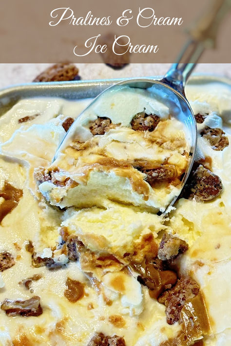 Pralines and cream ice cream being scooped out of a pan. Pecan Praline Ice Cream Recipe, Pralines And Cream Ice Cream, Praline Ice Cream, Praline Pecans, My Country Table, Pralines And Cream, Best Homemade Ice Cream, Creami Recipes, Cream Caramel