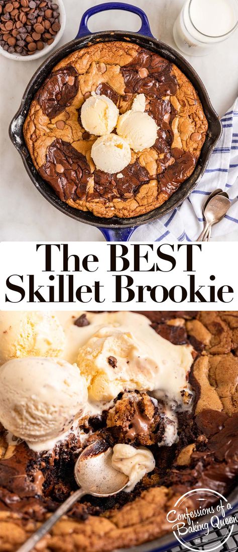 Brownie Cookie Skillet, Skillet Brookie, Skillet Brownie Recipe, Caramel Brownies Recipe, Brookies Recipe, Chewy Brownies Recipe, Classic Brownies Recipe, Skillet Cookie Recipe, Skillet Desserts