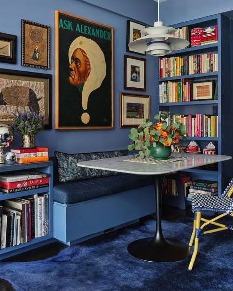 Bright Blue Interior Design, Cornflower Blue Walls, Bright Blue Office, Bright Blue Living Room, All Blue Room, Navy Office Walls, Bright Blue Room, Maximalist Dining Rooms, Bright Blue Walls