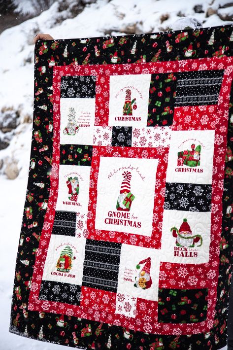 FREE Pattern Feature – Gnome for Christmas Flannel Panel Quilt | Fabric: Gnome for Christmas FLANNEL by Tara Reed for Riley Blake Designs Gnome Fabric Panels, Free Quilt Patterns Using Panels, Christmas Panel Quilts Ideas Layout Patterns Free, Free Panel Quilt Patterns, Gnome Quilt Patterns Free, Christmas Panel Quilts, Gnome Quilts, Gnome Wall Hanging, Novelty Quilts