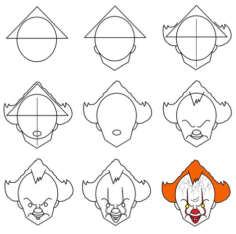 Step-by-Step tutorial for drawing Pennywise the Dancing Clown from the film IT. Easy Pennywise Drawing, How To Draw Pennywise Step By Step, Penny Wise Drawing, Drawing Pennywise, Pennywise Drawing, Simple Face Drawing, Nightmare Before Christmas Drawings, Sharpie Drawings, Scary Drawings