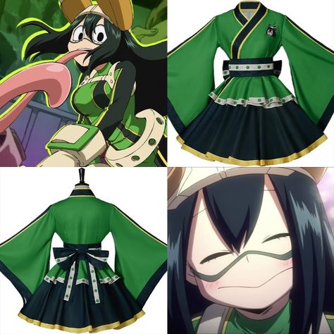 MHA Froppy, Tsuyu "Tsu" Asui, Cosplay Kimono Dress, is made of high-quality polyester fiber, breathable, and soft. Comes with a top, skirt, and belt. Comes in 7 different sizes. Perfect for anime conventions like Comic Con, Anime Expo, and can be worn as a Halloween costume. Click on link to view item! Tsu Asui, Mha Froppy, Froppy Cosplay, Kimono Dress Outfit, Froppy Tsuyu, Cute Kimonos, My Hero Academia Cosplay, Cosplay Cute, Costume For Women