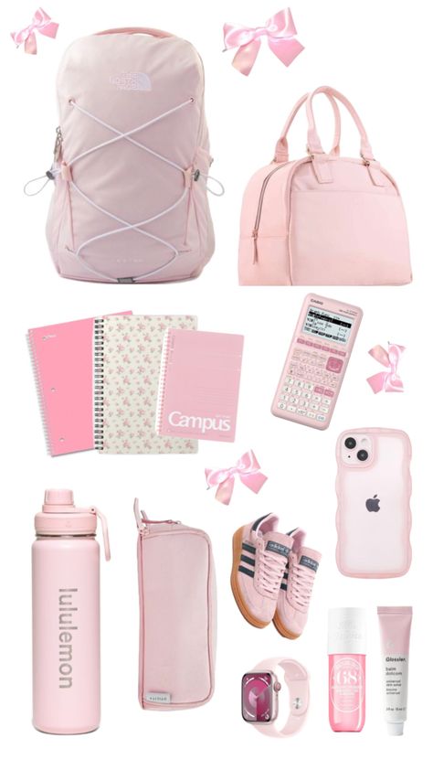 Girly School Supplies, Coquette School Supplies, Pink School Supplies, Coquette School, School Backpack Essentials, Pretty School Supplies, Everyday Bag Essentials, Princess Charm School, High School Backpack