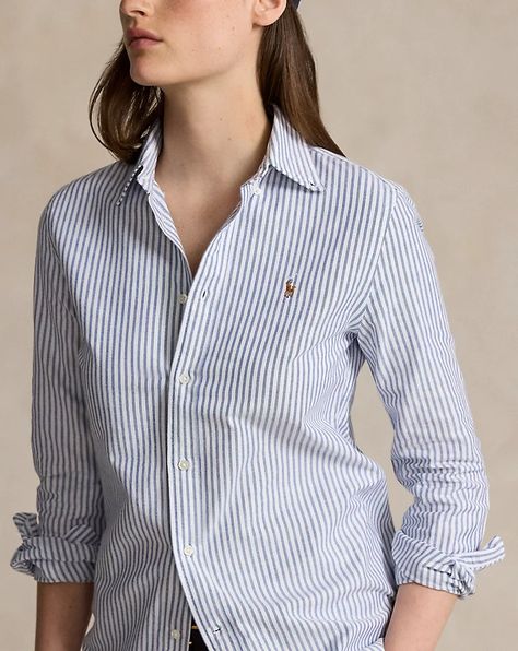 Ralph Lauren Ralph Lauren Polo Shirt Outfit Women's, Ralph Lauren Striped Shirt, Ralph Lauren Button-up Tops For Work, Polo Shirt Outfit Women's, Fitted Button-up Ralph Lauren Shirt, Summer Ralph Lauren Button-up Tops, Sweatpants And Sweater, Ralph Lauren Blouse, Classic Ralph Lauren Button-up Shirt