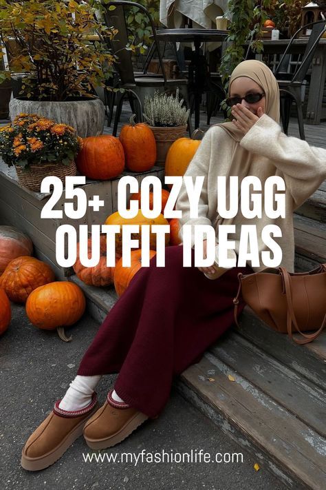 Uggs With Outfits, How To Wear Tazz Uggs, Puffer Jacket Outfit With Uggs, Outfits With Brown Ugg Boots, Ugg Outfits Aesthetic, Ugg Ankle Boots Outfit, How To Style Ugg Slippers, Koolaburra By Ugg Outfit, Ugg Slides Outfit Ideas