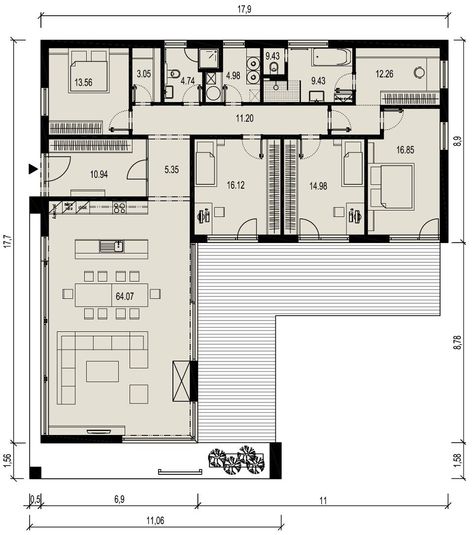 L Shape Villa Plan, 4 Bedroom House Floor Plan One Level, L Shaped Modern House, L Shape House Plans, T Shaped House Plans, 1 Floor House Design, House Plans Drawing, L Shape House, Floor Plans With Dimensions