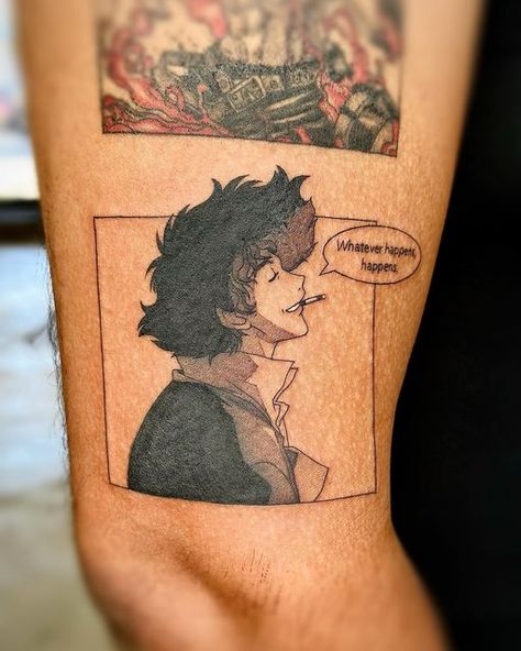 Manga Pannel Tattoos, Anime Tattoos With Meaning, Cowboy Beepboop Tattoo, Whatever Happens Happens Tattoo, Anime Leg Tattoo, Anime Style Tattoos, Anime Panel Tattoo, Manga Panel Tattoos, Anime Tats