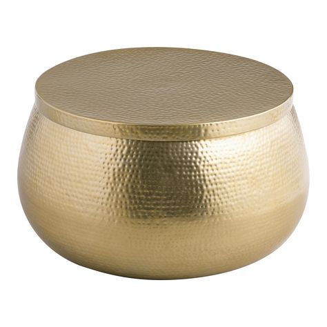 You'll love the Cala Round Gold Hammered Metal Storage Coffee Table at World Market. Browse our entire collection of Round Coffee Tables, available online or at one of our 270+ stores. Wood Slice Coffee Table, Hammered Coffee Table, Gold Ottoman, Best Coffee Tables, Storage Coffee Table, Drum Coffee Table, Metal Drum, Gold Coffee, Gold Coffee Table