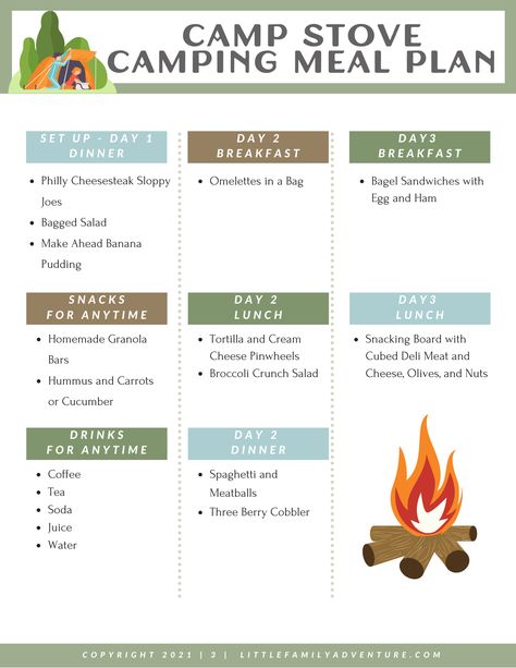 Camping Menu 3 Day, Tent Camping Meals, Camping Grocery List, Premade Camping Meals, Camping Meal Planner, Camping Trip Essentials, Easy Camping Recipes, Camp Hero, Cucumber Drink