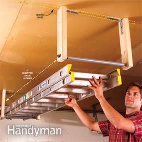 Garage Organization Bikes, Easy Garage Storage, Storage Hacks Diy, Garage Organisation, Overhead Garage Storage, Ladder Storage, Garage Storage Shelves, Overhead Garage, Garage Storage Solutions