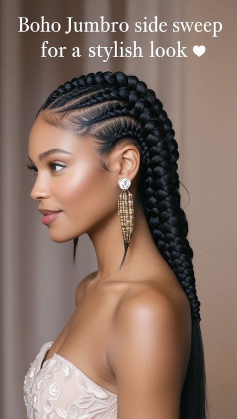 Boho Jumbo Cornrow Side Sweep for a Stylish Look 🌿 9 Braids Hairstyle, Beautiful Cornrows Black Women, Elegant Cornrow Hairstyles, Woman Braids Hairstyles, Trending Cornrows Hairstyles, Two Jumbo Braids, One Braid Hairstyles, Natural Hairstyles For Long Hair, Cornrolls Hairstyles Braids